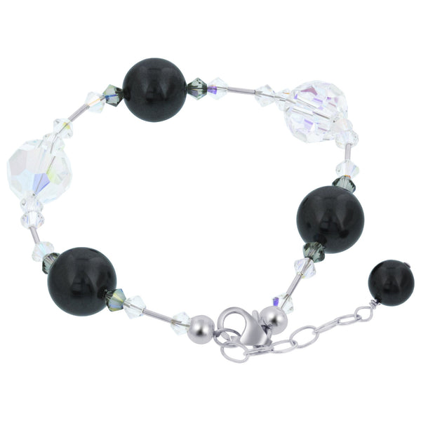 Round Black Faux Pearl with Austrian Crystals 925 Sterling Silver Black Adjustable Bracelet for Women- Gem Avenue